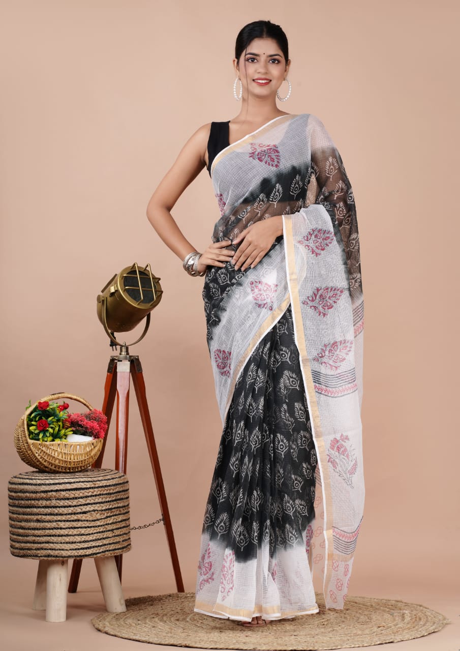 Kota Doria Saree - Black & White Ethnic Handblock Print Kota Doria Saree