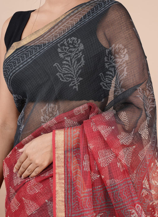 Kota Doria Saree - Red & Black Floral Ethnic Handblock Print Kota Doria Saree