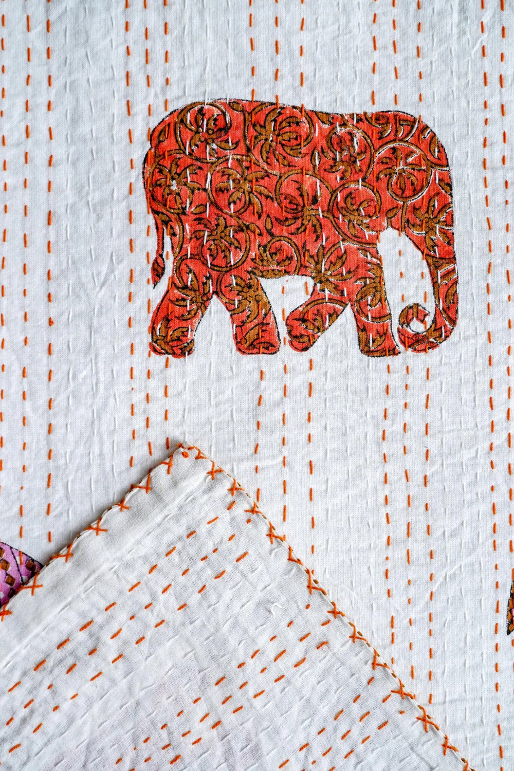 Orange Elephant Umbrella Block Printed Kantha Bedcover