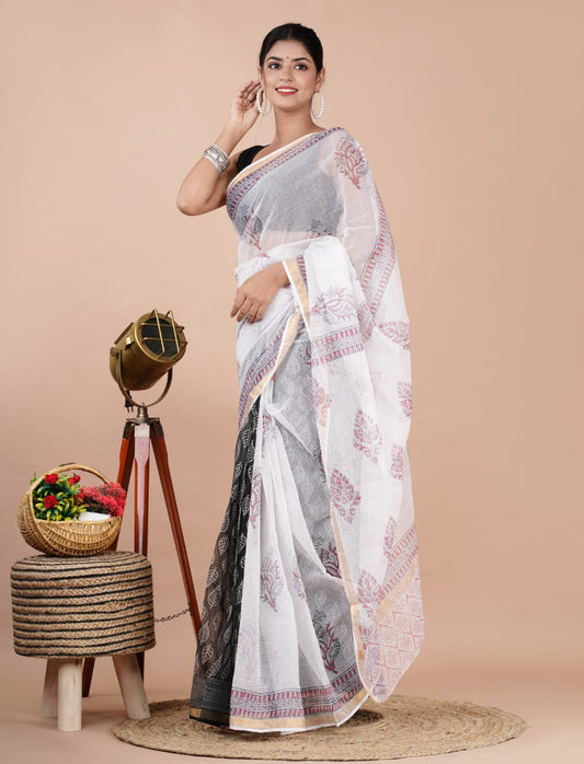 Kota Doria Saree - White Floral Ethnic Handblock Print Kota Doria Saree