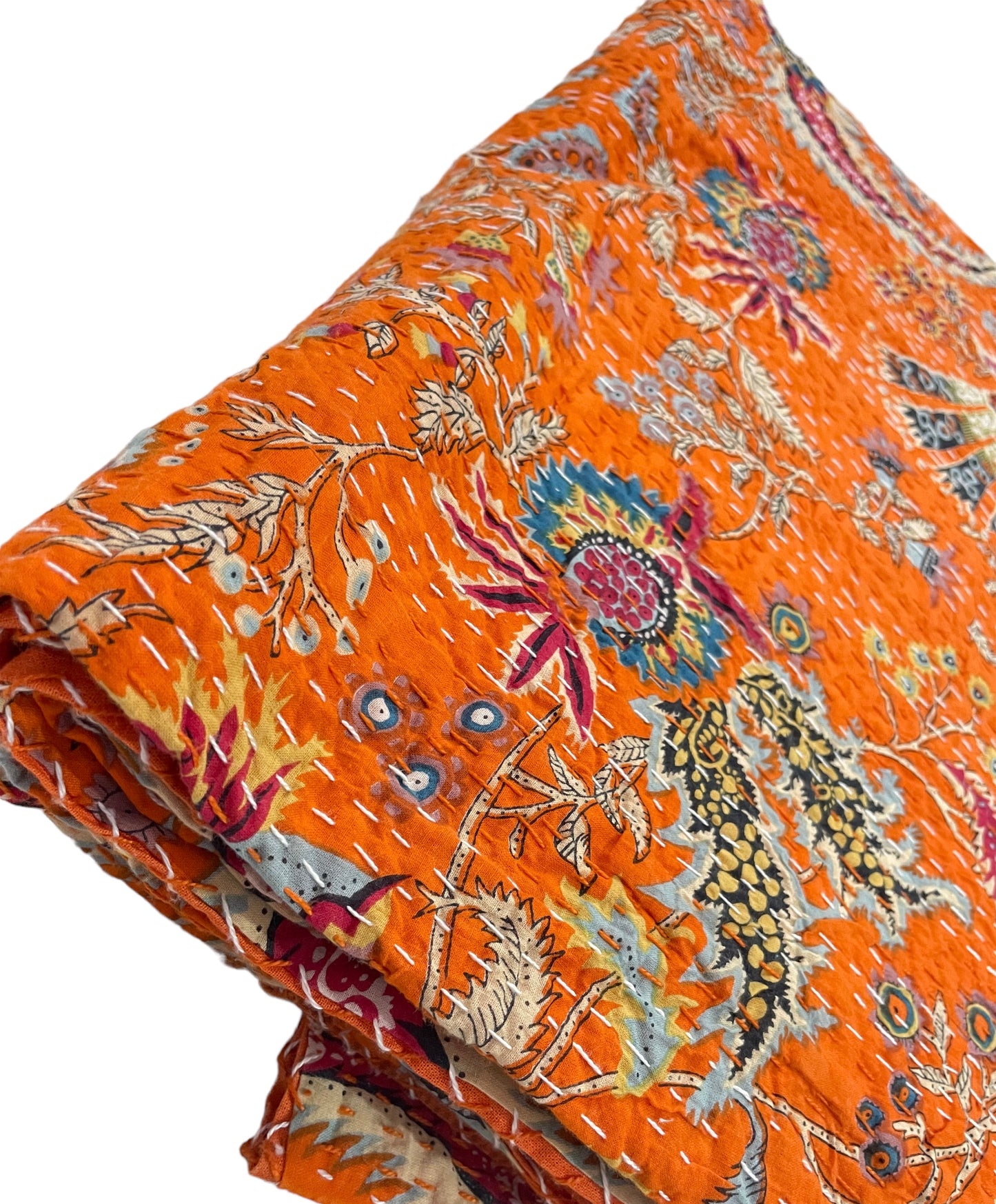 Orange Mukut Print - Kantha Quilt, Kantha Bedcover, Coverlets, Kantha Throw