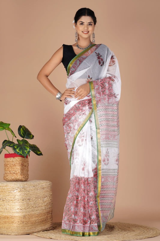 Kota Doria Saree - Pink Floral Ethnic Handblock Print Kota Doria Saree