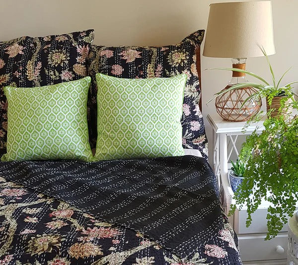 Black Tropical Garden Twin/Queen/King Size Kantha Bedspread