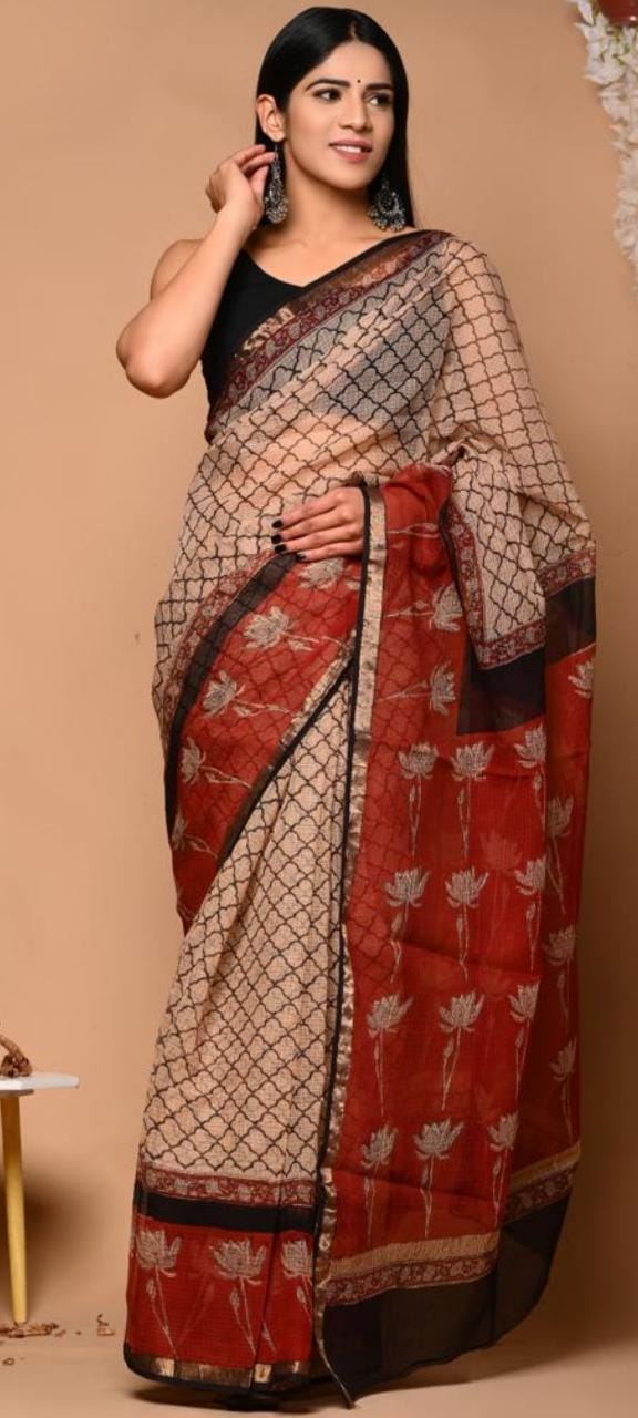 Kota Doria Saree - Dabu Print Ethnic Handblock Print Kota Doria Saree