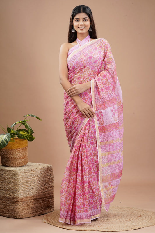 Kota Doria Saree - Pink  Ethnic Handblock Print Kota Doria Saree