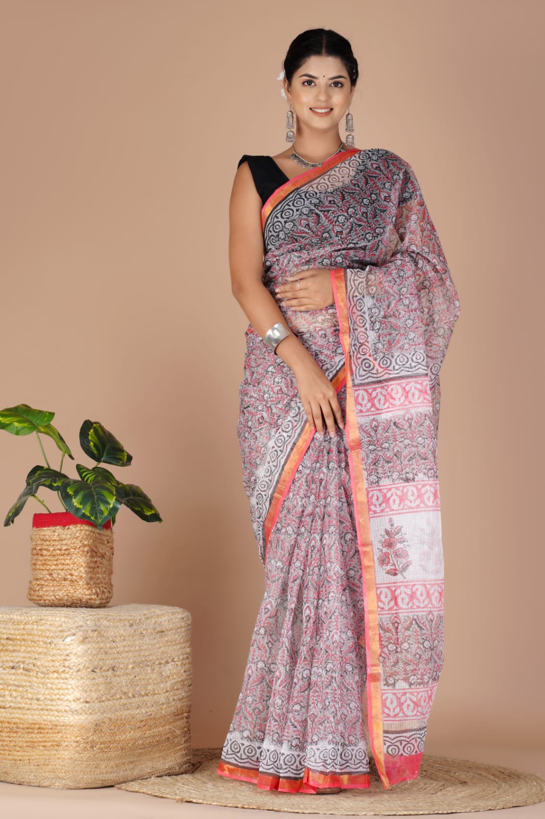 Kota Doria Saree -  Ethnic Handblock Print Kota Doria Saree