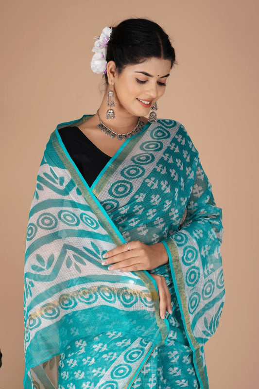 Kota Doria Saree - Turquoise Colour Ethnic Handblock Print Kota Doria Saree