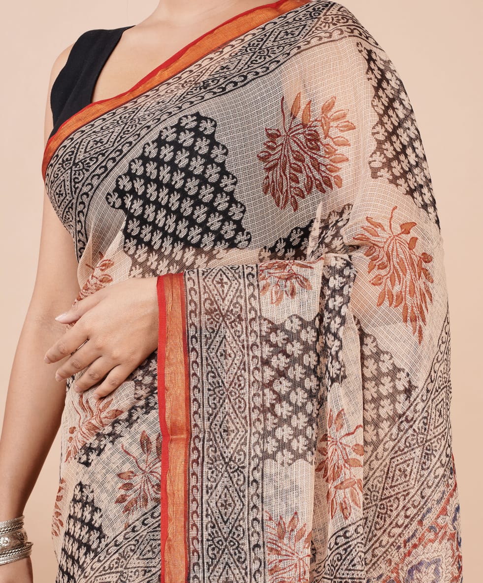 Kota Doria Saree - Dabu Print Ethnic Handblock Print Kota Doria Saree