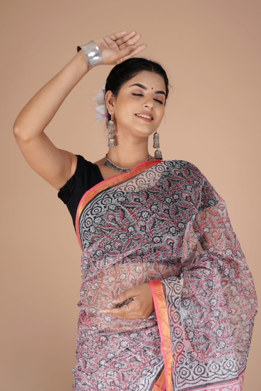 Kota Doria Saree -  Ethnic Handblock Print Kota Doria Saree