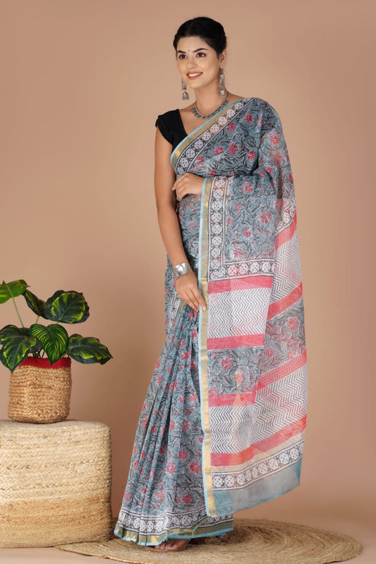 Kota Doria Saree - Ajrakh Floral Print Ethnic Handblock Print Kota Doria Saree