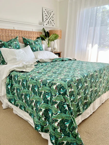 Tropical Banana Leaves Twin/Queen/King Size Kantha Bedspread