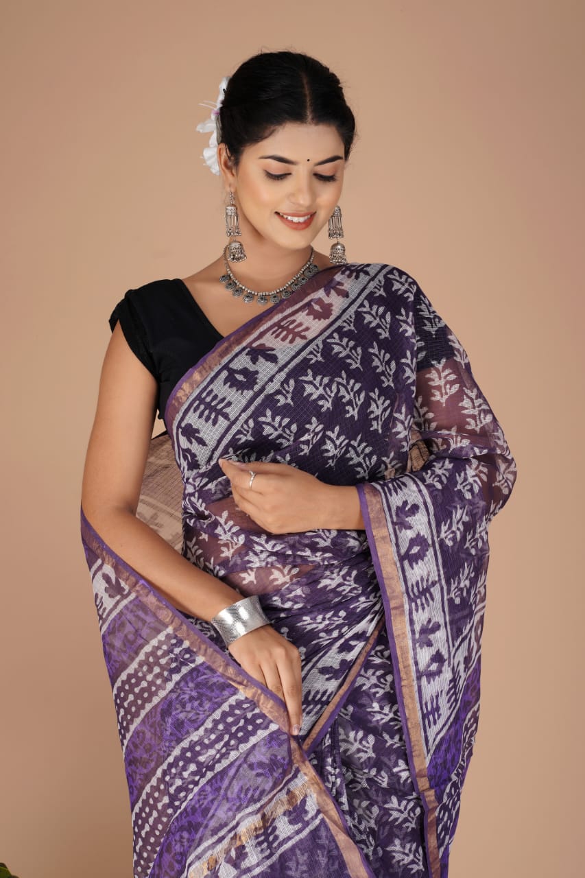 Kota Doria Saree - Purple Colour Dabu Print Ethnic Handblock Print Kota Doria Saree