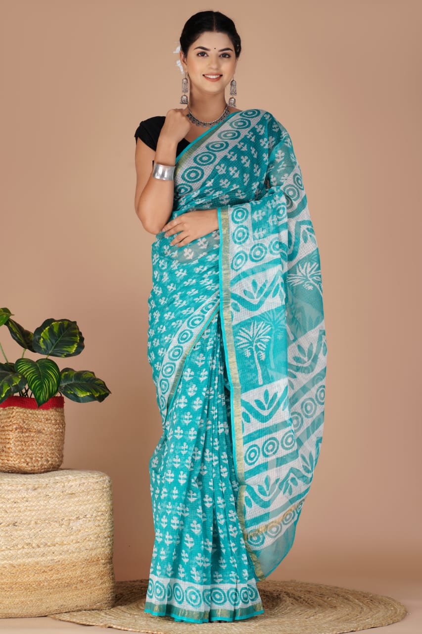 Kota Doria Saree - Turquoise Colour Ethnic Handblock Print Kota Doria Saree