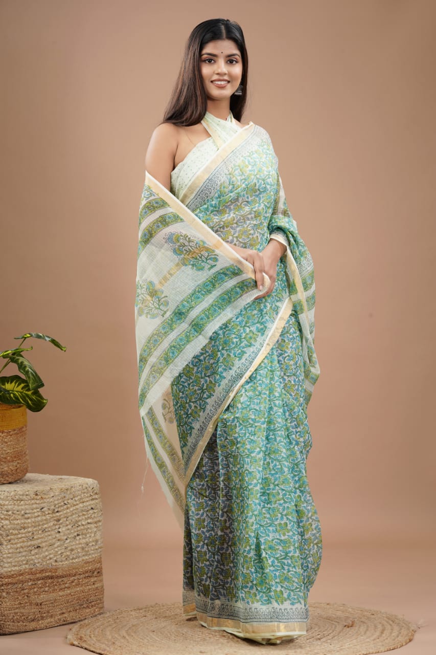 Kota Doria Saree - Pastel Ethnic Handblock Print Kota Doria Saree