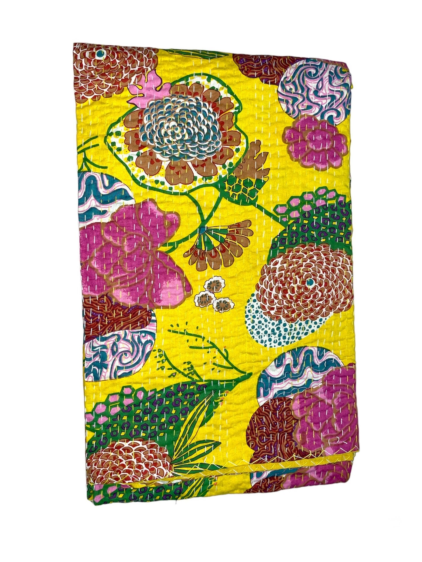 Yellow Tropical - Kantha Quilt, Kantha Bedcover, Coverlets, Kantha Throw