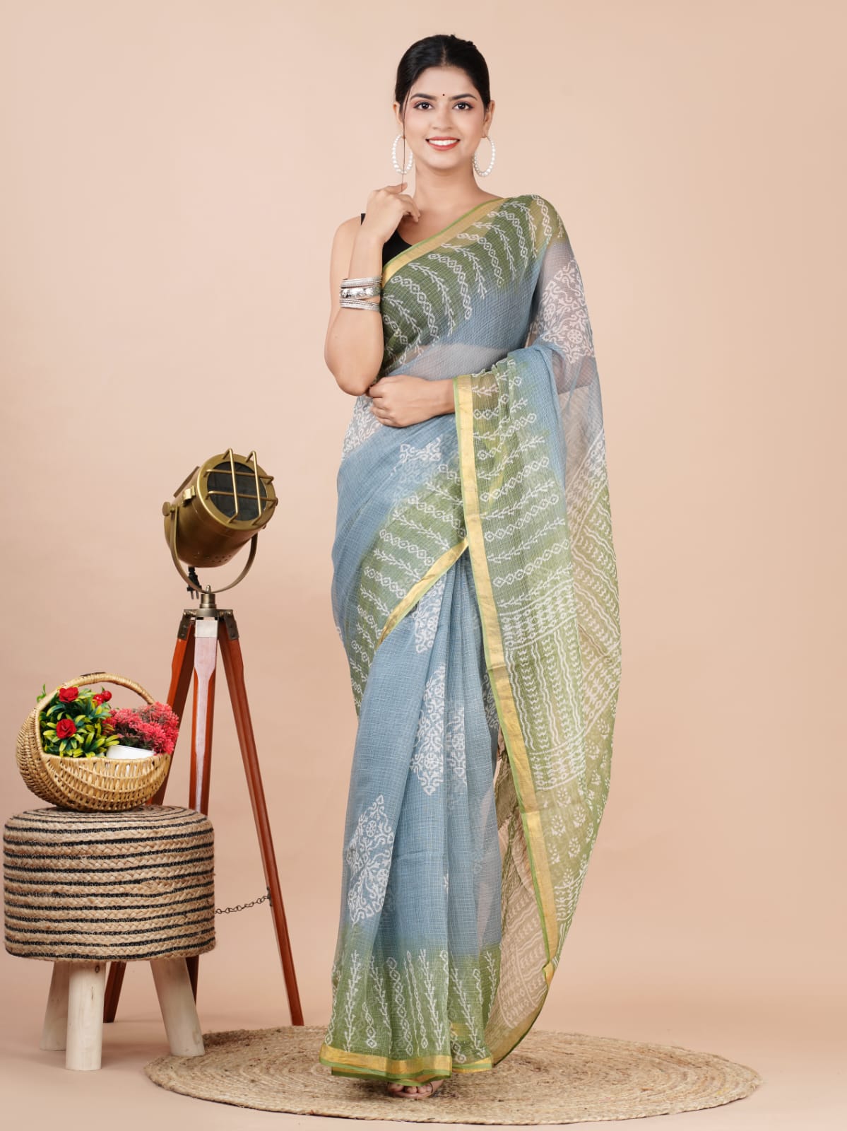 Kota Doria Saree - Bagru Print Ethnic Handblock Print Kota Doria Saree