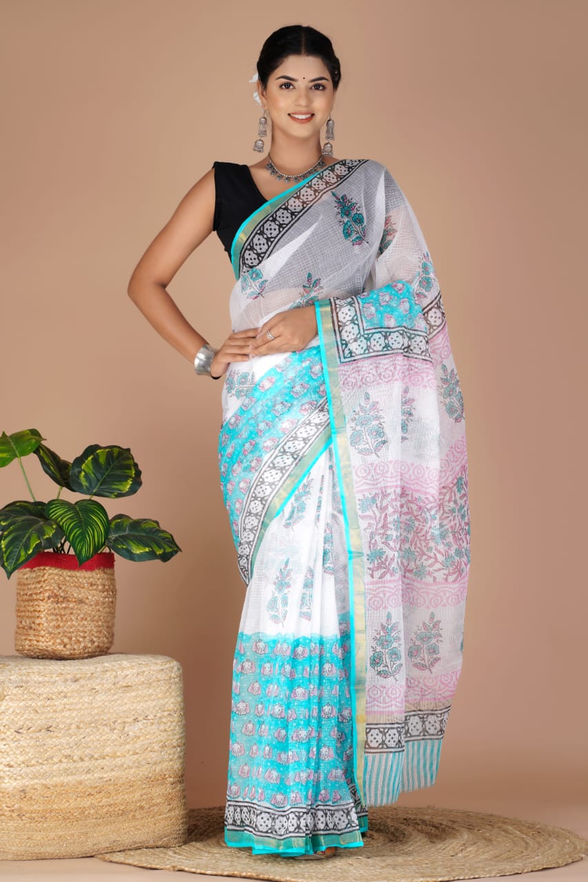 Kota Doria Saree - Floral Ethnic Handblock Print Kota Doria Saree