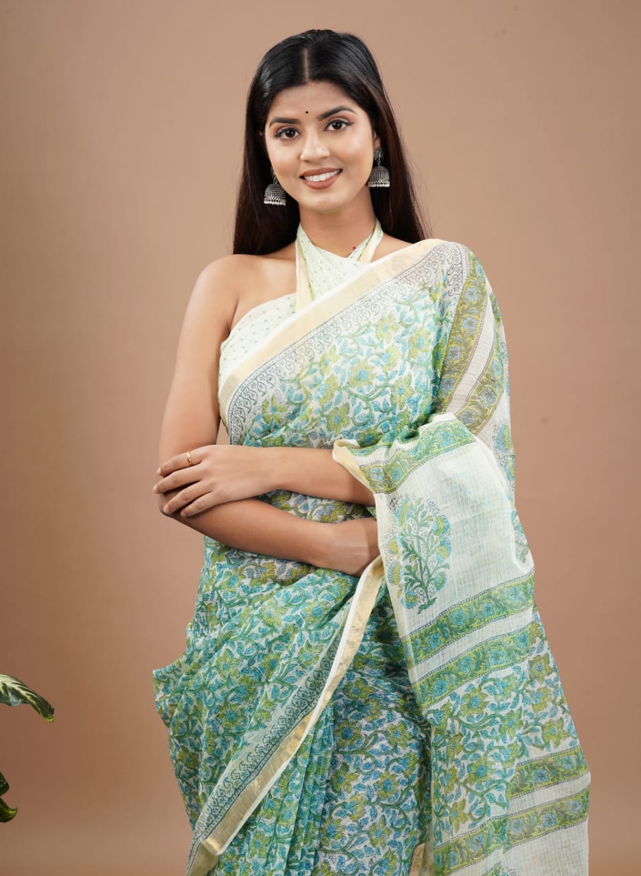 Kota Doria Saree - Pastel Ethnic Handblock Print Kota Doria Saree