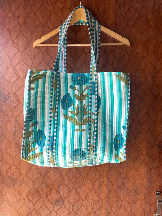 Reversible Tote Bag - Mughal Buta with Stripe Print