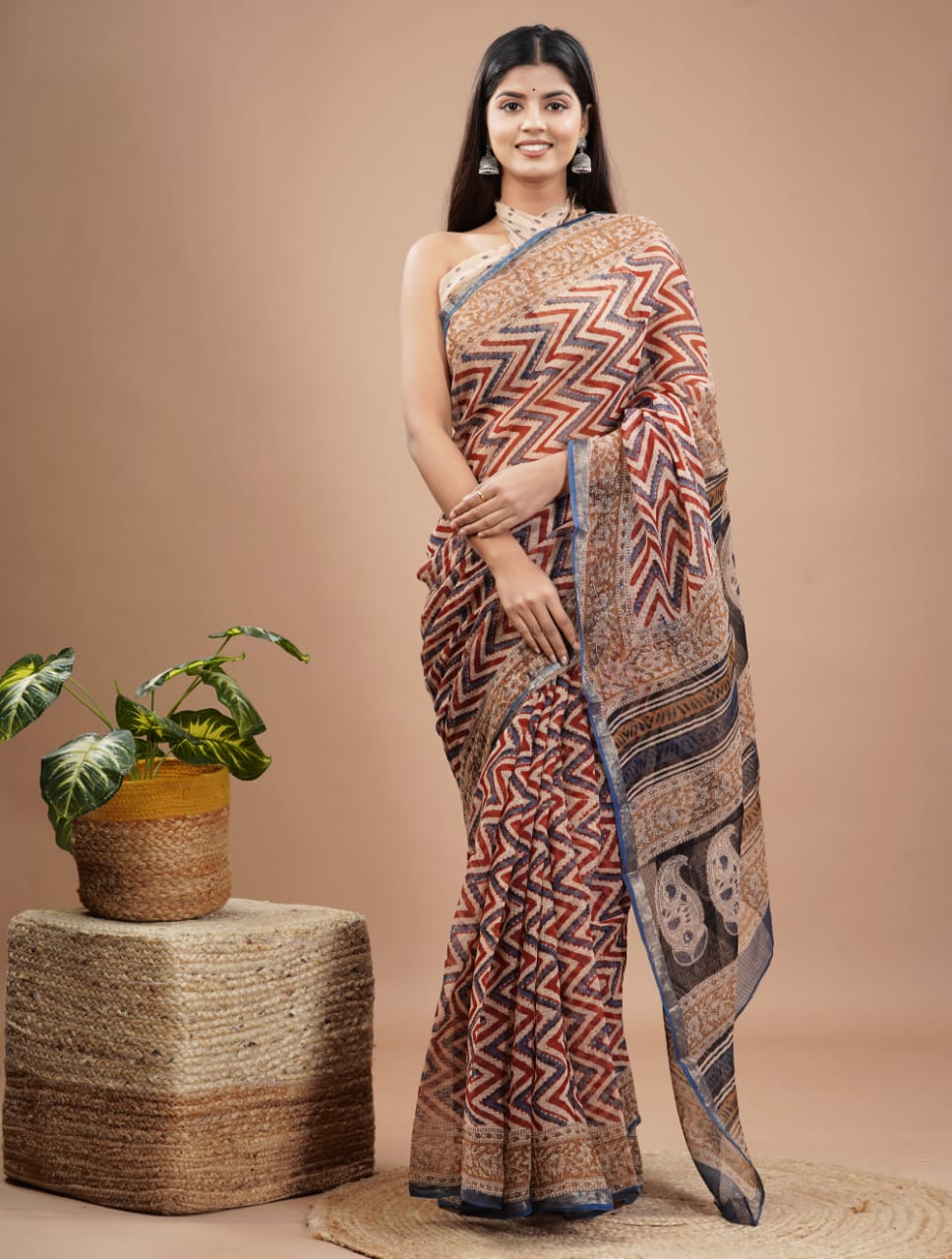 Kota Doria Saree - Bagru Print Ethnic Handblock Print Kota Doria Saree