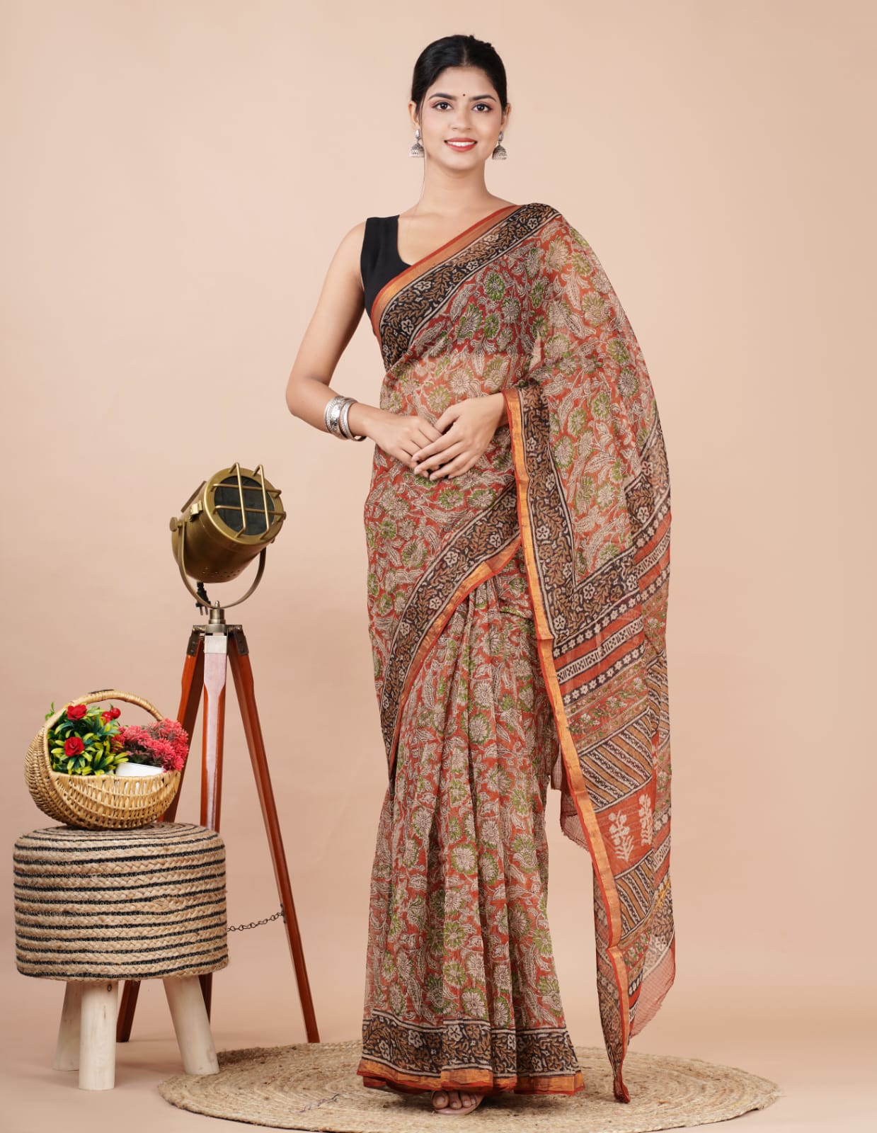 Kota Doria Saree - Bagru Print Ethnic Handblock Print Kota Doria Saree