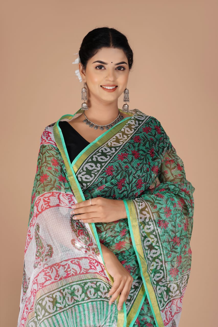 Kota Doria Saree - Ajrakh Floral Print Ethnic Handblock Print Kota Doria Saree