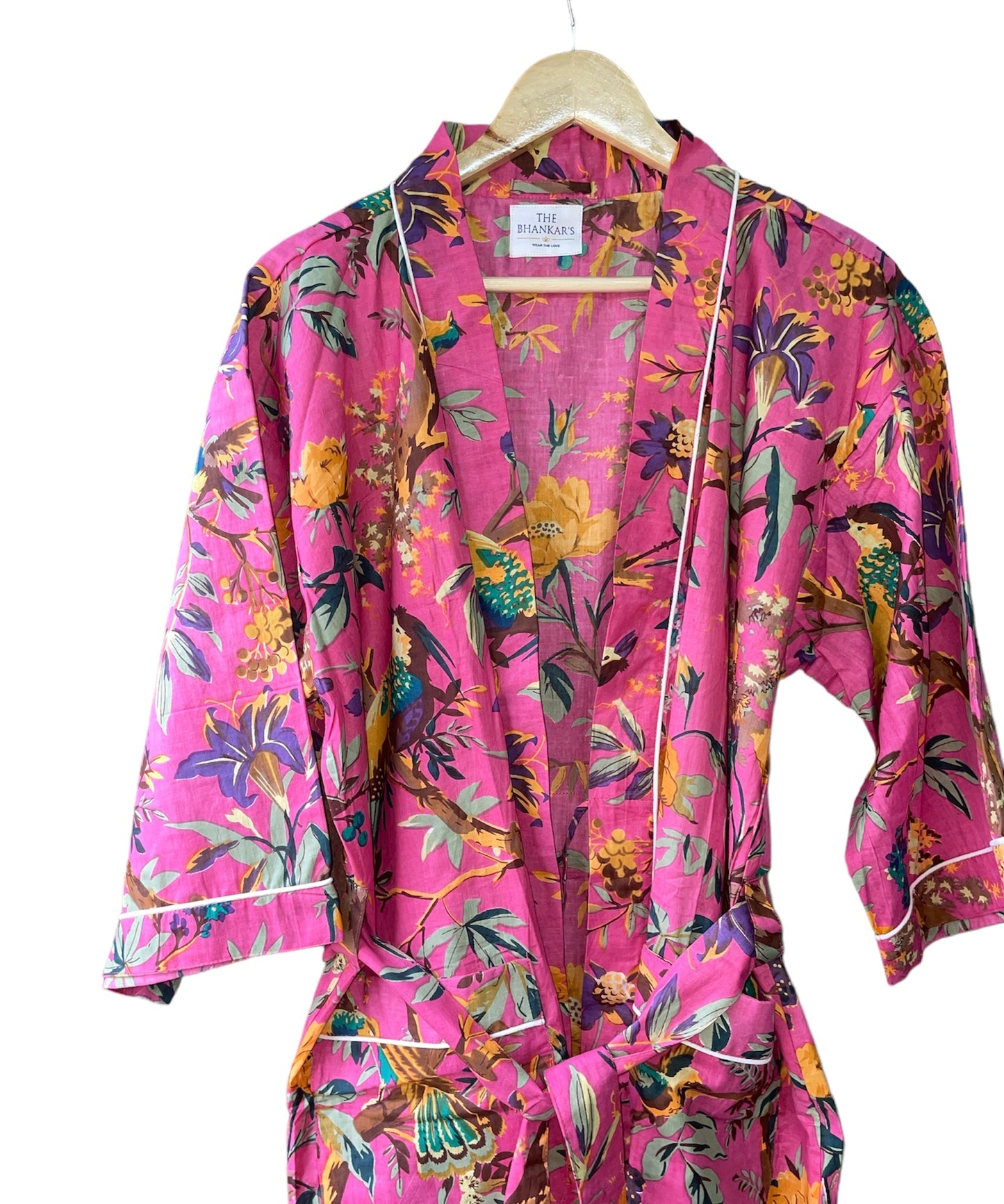 Pink Bird Print - Kimono Robe, Cotton Robe