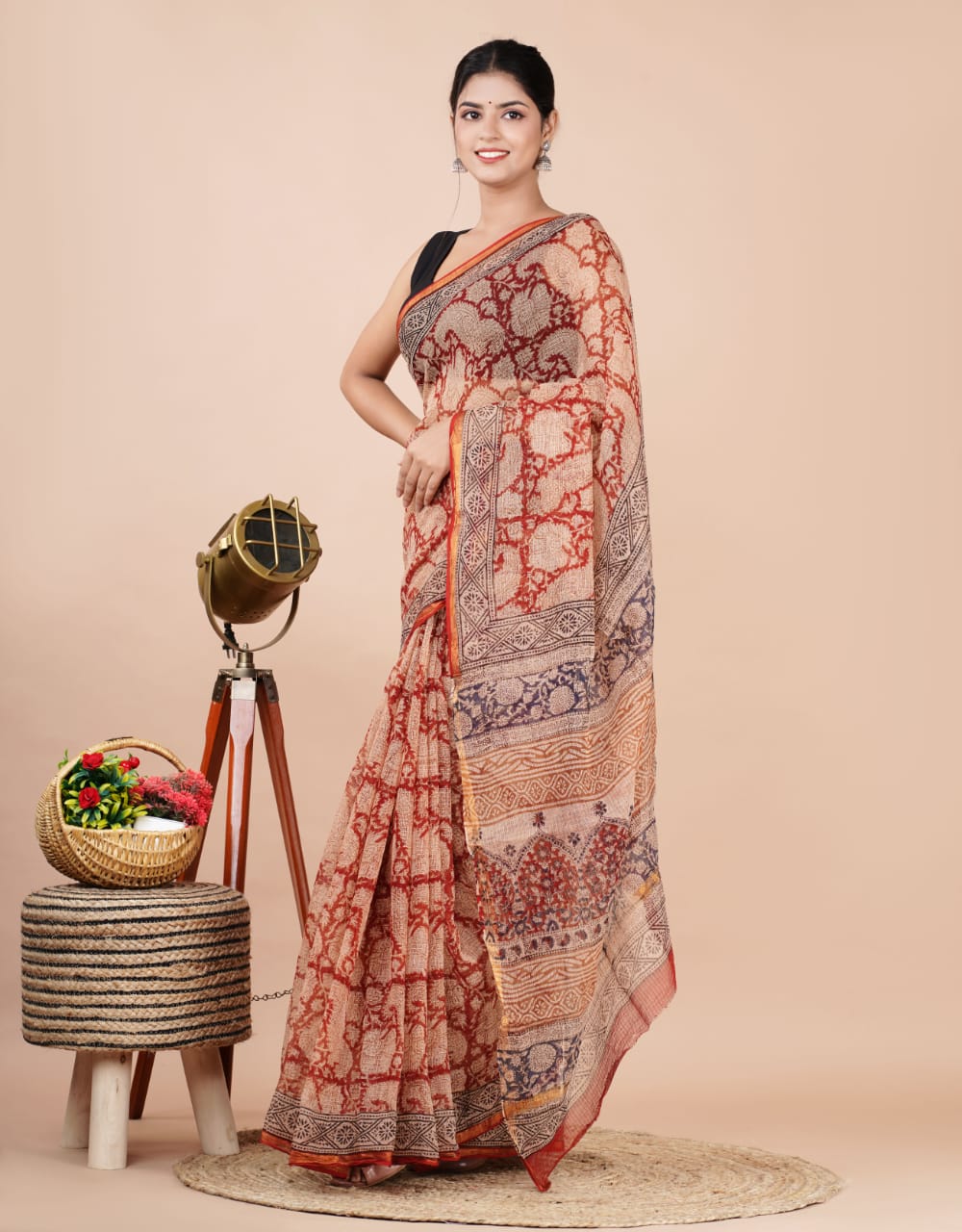 Kota Doria Saree -  Paisley Design Dabu Print Ethnic Handblock Print Kota Doria Saree