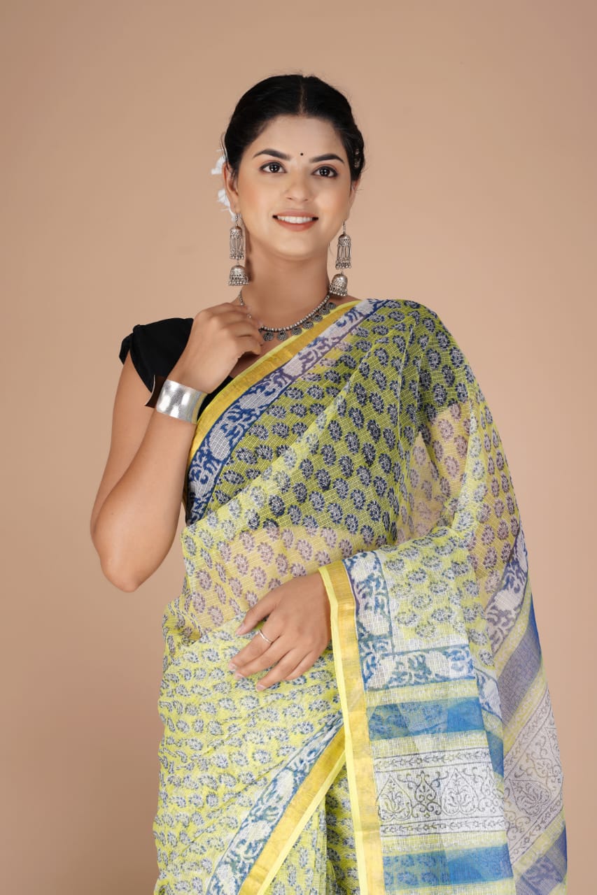 Kota Doria Saree - Yellow Ethnic Handblock Print Kota Doria Saree