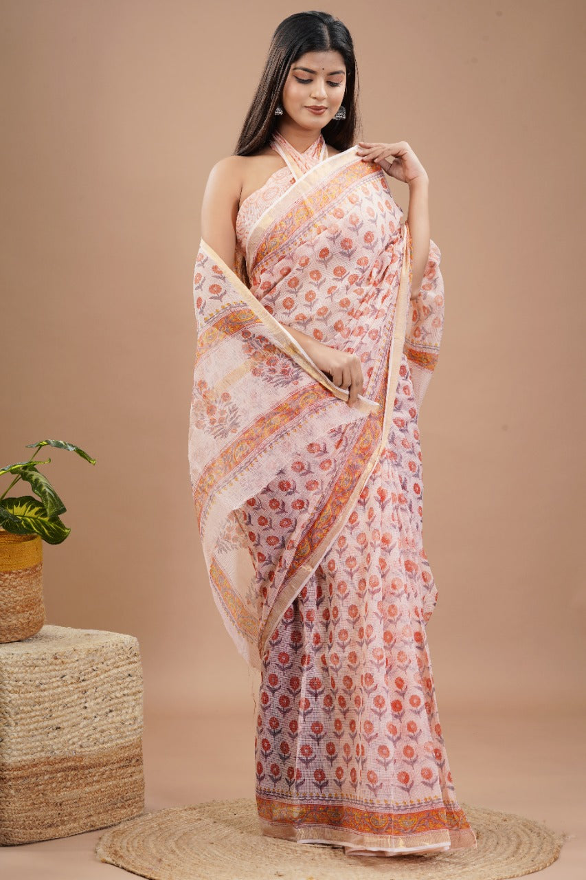 Kota Doria Saree - Ethnic Handblock Print Kota Doria Saree