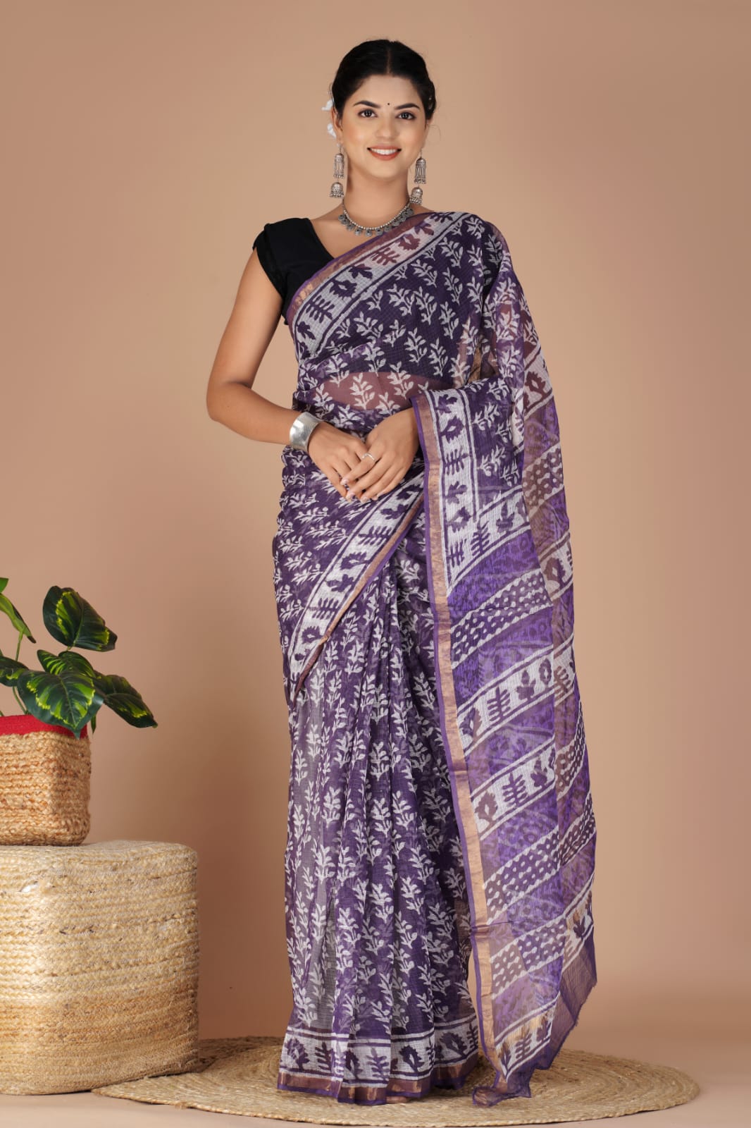 Kota Doria Saree - Purple Colour Dabu Print Ethnic Handblock Print Kota Doria Saree