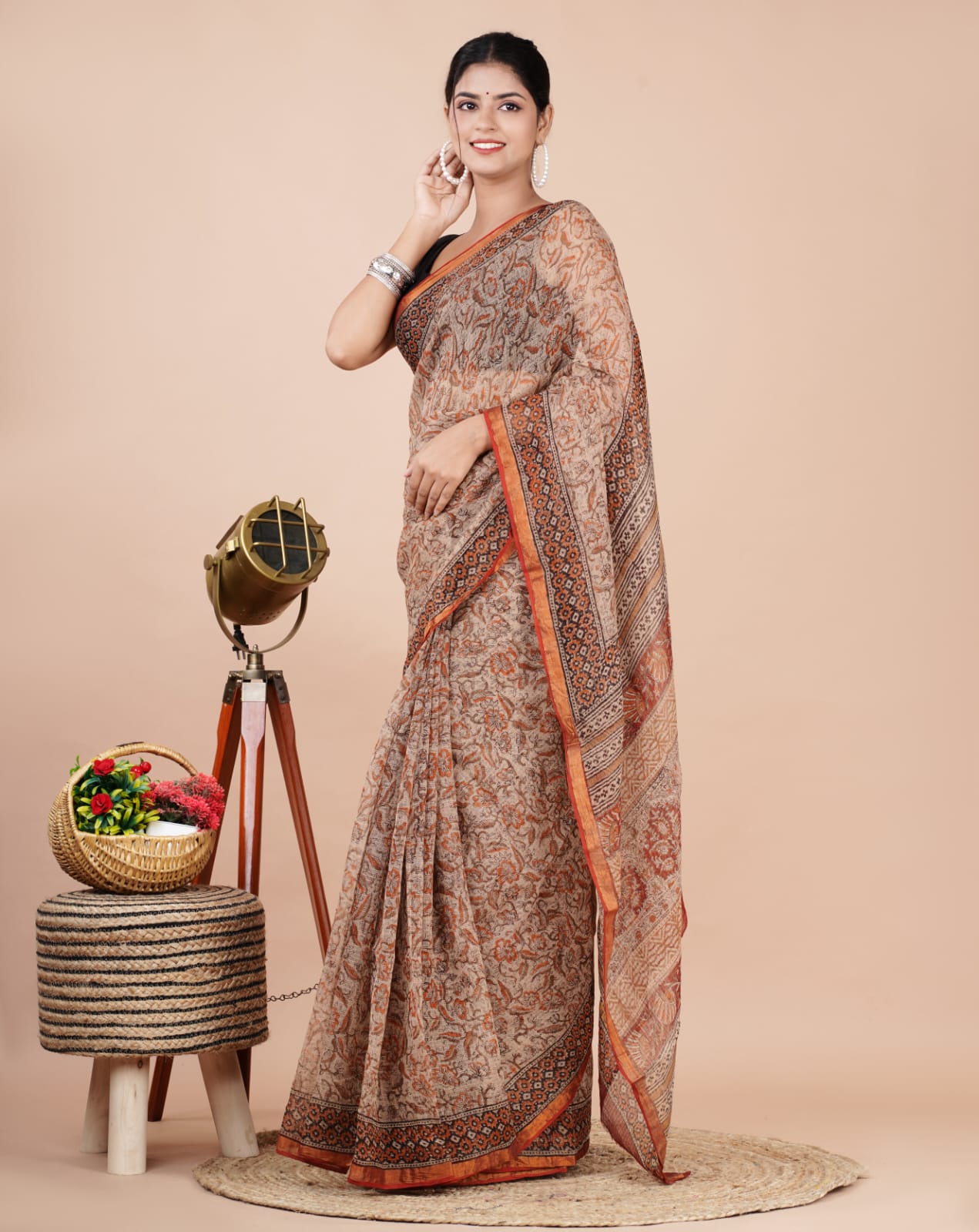 Kota Doria Saree - Brown Floral Ethnic Handblock Print Kota Doria Saree