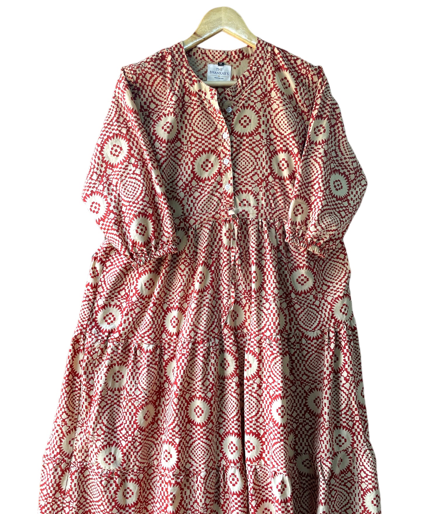 RED BAGRU PRINT  - Maxi Dress 3/4 Sleeves