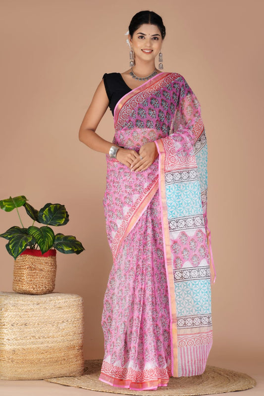 Kota Doria Saree - Floral Print Ethnic Handblock Print Kota Doria Saree