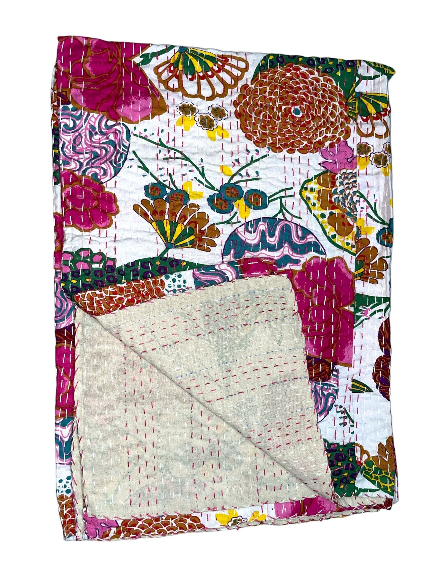 White Tropical - Kantha Quilt, Kantha Bedcover, Coverlets, Kantha Throw