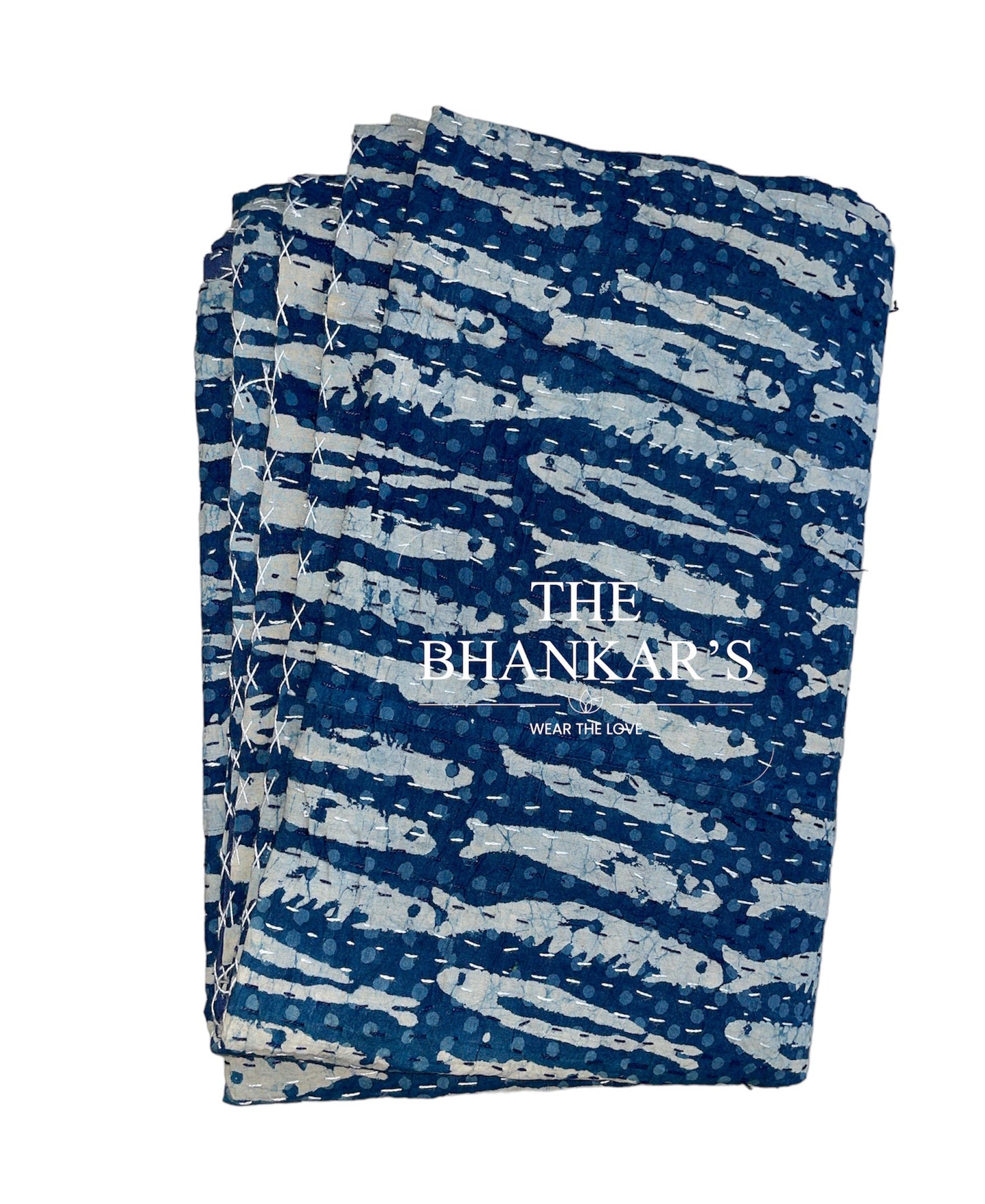 Fish Print Indigo Handblock - Kantha Quilt, Kantha Bedcover, Coverlets, Kantha Throw