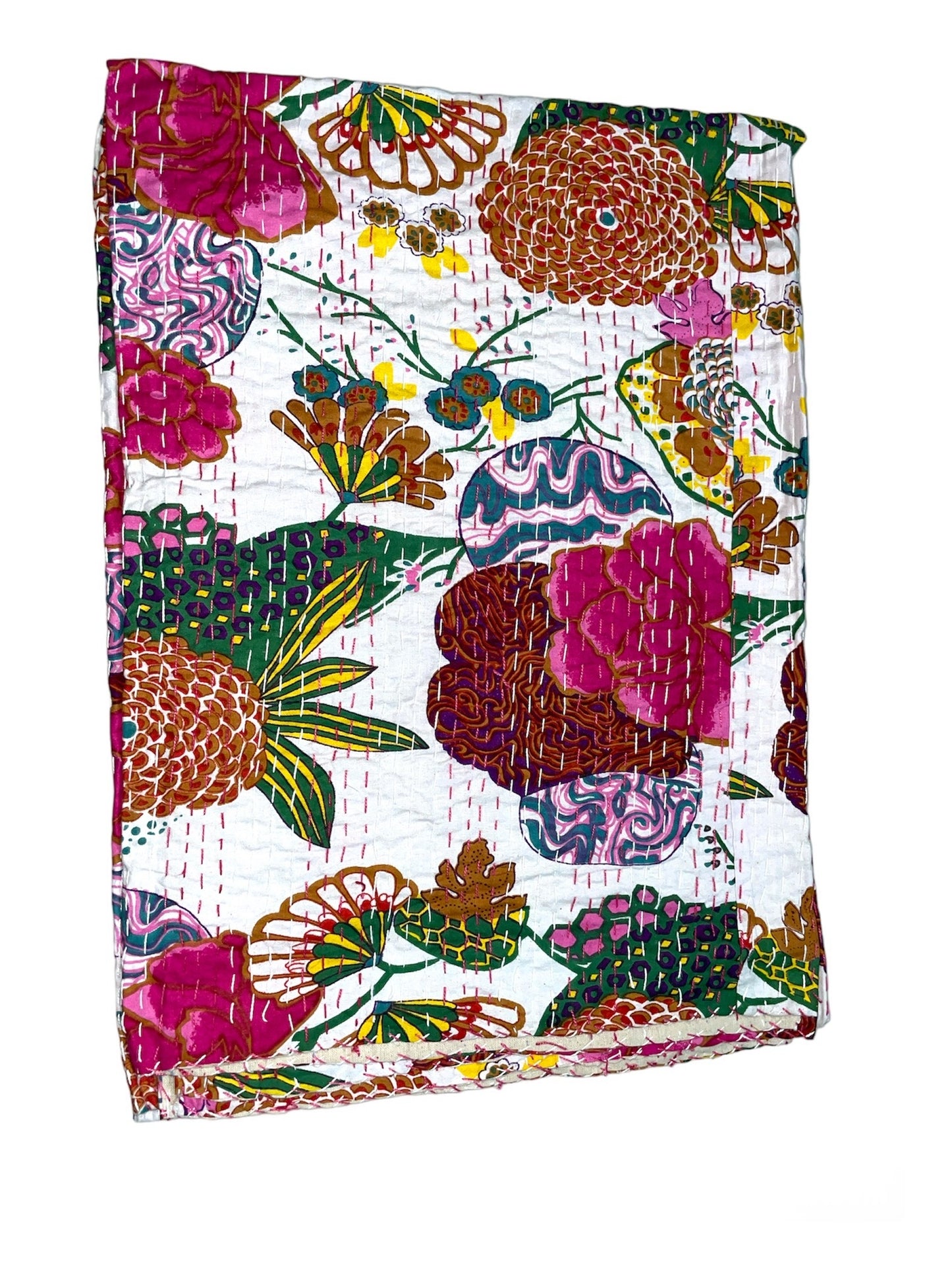 White Tropical - Kantha Quilt, Kantha Bedcover, Coverlets, Kantha Throw