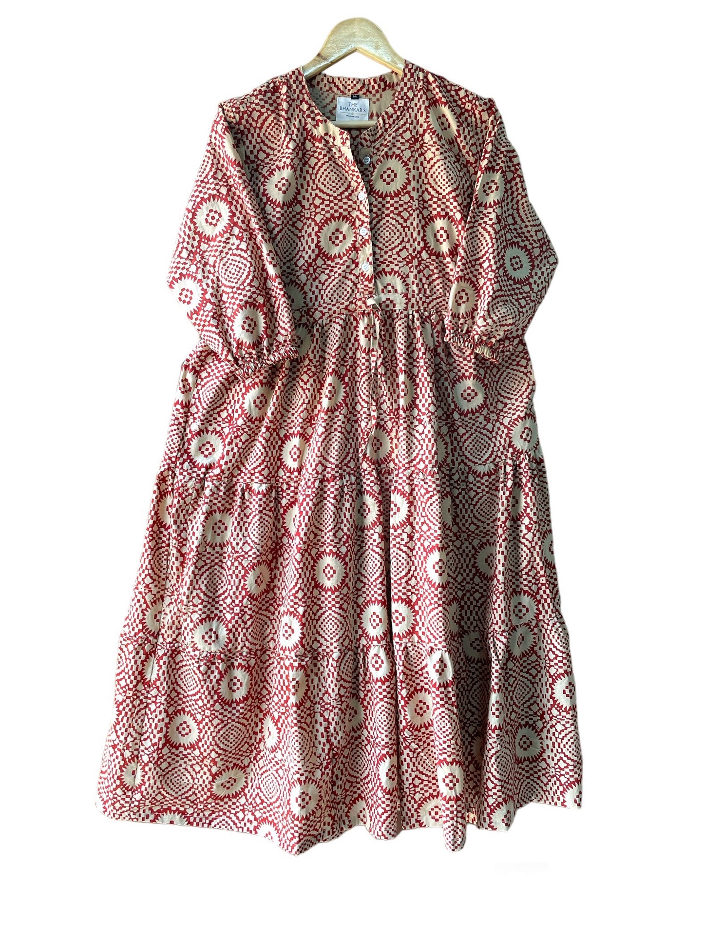 RED BAGRU PRINT  - Maxi Dress 3/4 Sleeves