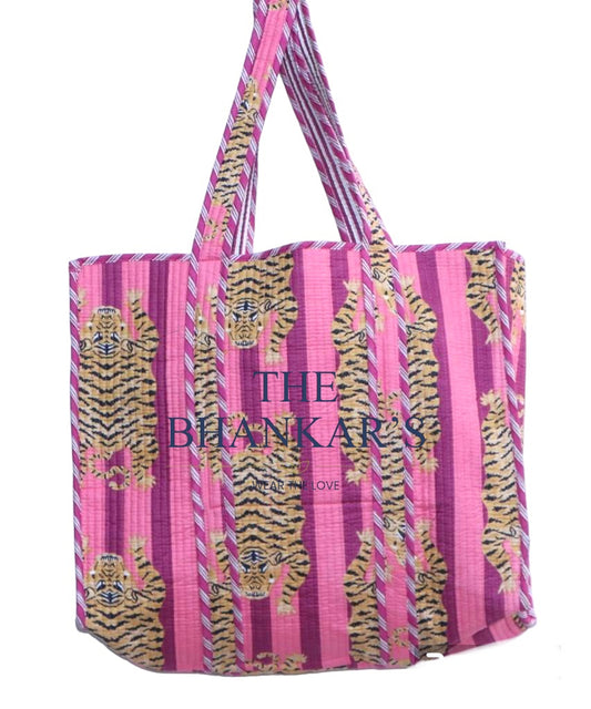 Reversible Tote Bag - Animal Print with Stripe Print