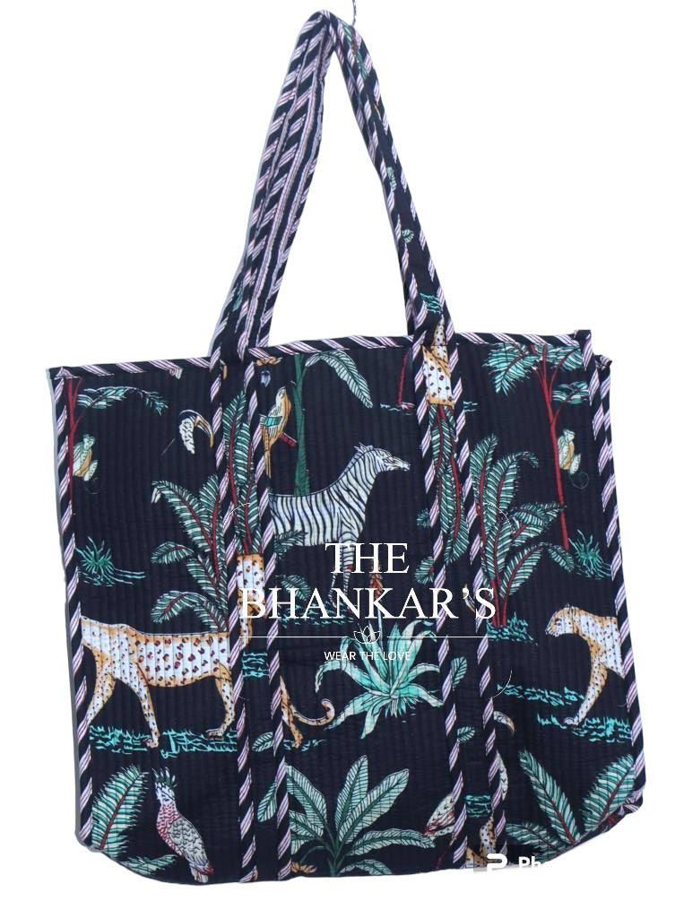 Reversible Tote Bag - Animal Print with Stripe Print