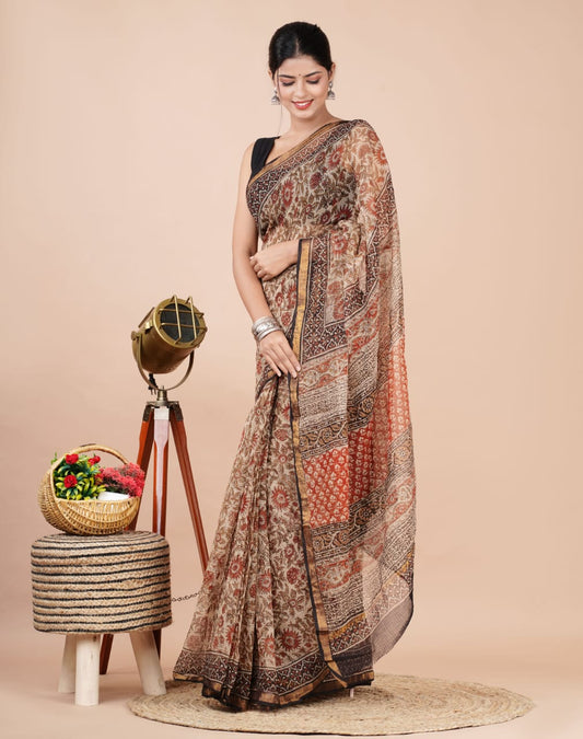 Kota Doria Saree - Dabu Print Ethnic Handblock Print Kota Doria Saree