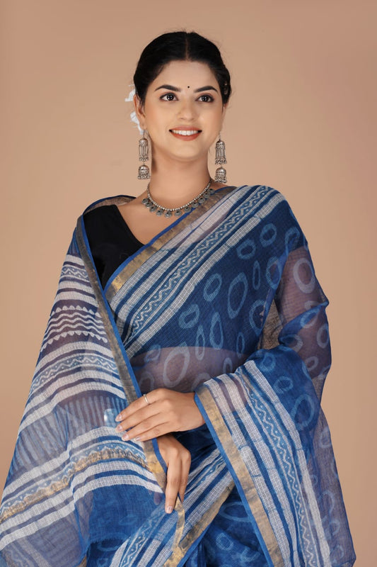 Kota Doria Saree - Indigo Dabu Print Ethnic Handblock Print Kota Doria Saree