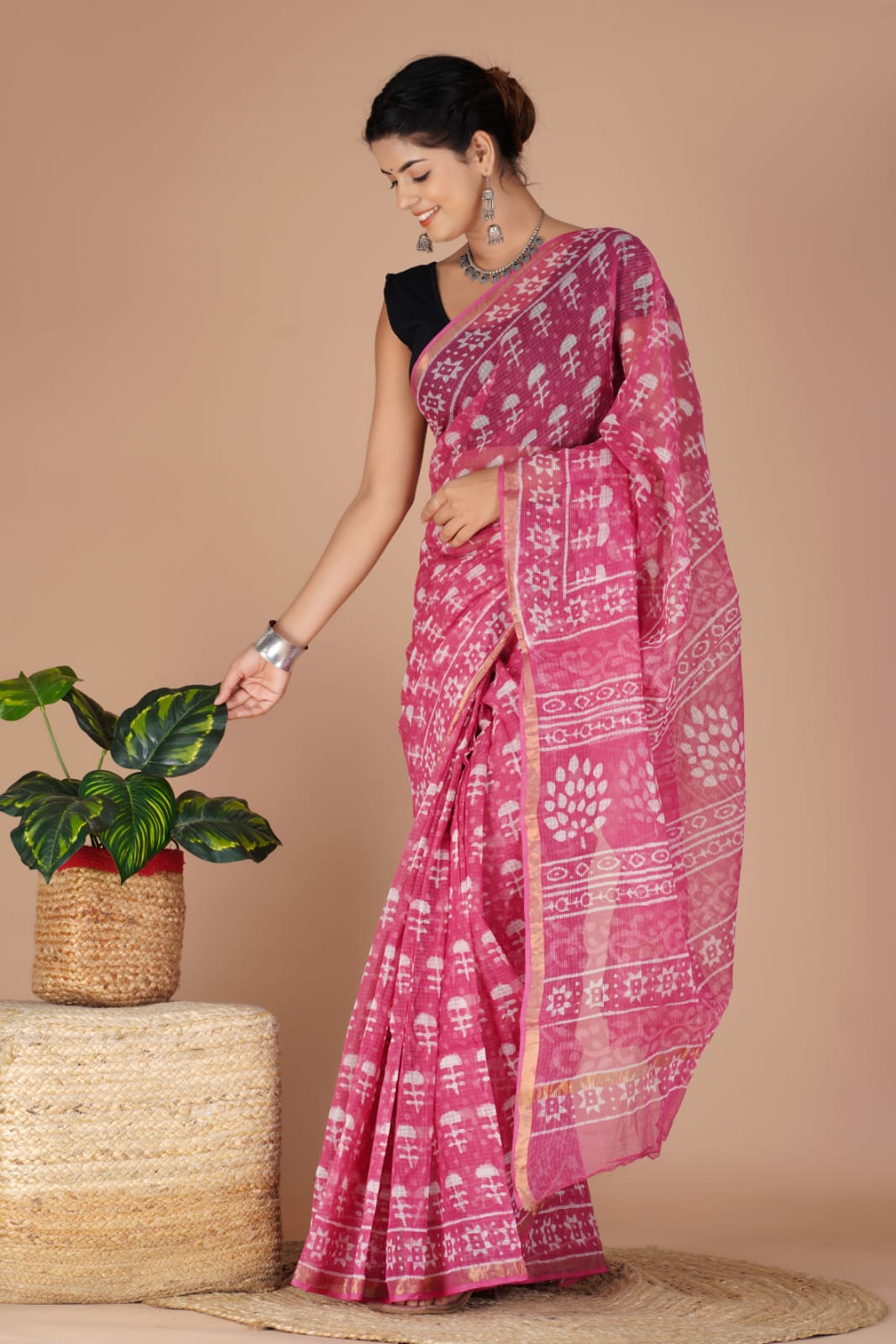 Kota Doria Saree - PInk Ethnic Handblock Print Kota Doria Saree