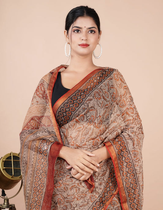 Kota Doria Saree - Brown Floral Ethnic Handblock Print Kota Doria Saree