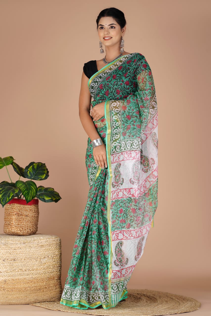 Kota Doria Saree - Ajrakh Floral Print Ethnic Handblock Print Kota Doria Saree