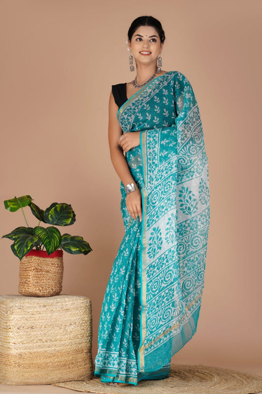 Kota Doria Saree - Turquoise Ethnic Handblock Print Kota Doria Saree