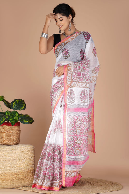 Kota Doria Saree -  Formal Ethnic Handblock Print Kota Doria Saree