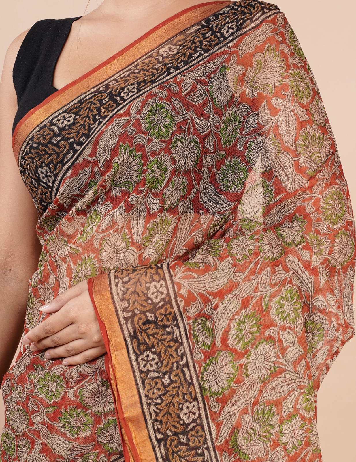 Kota Doria Saree - Bagru Print Ethnic Handblock Print Kota Doria Saree