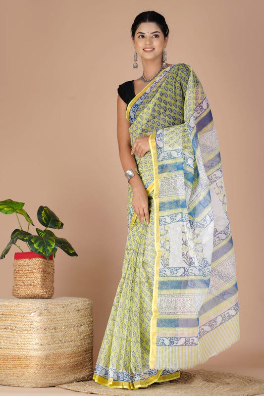 Kota Doria Saree - Yellow Ethnic Handblock Print Kota Doria Saree