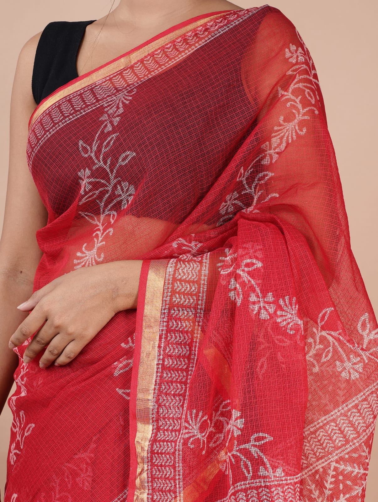 Kota Doria Saree - Red Floral Ethnic Handblock Print Kota Doria Saree